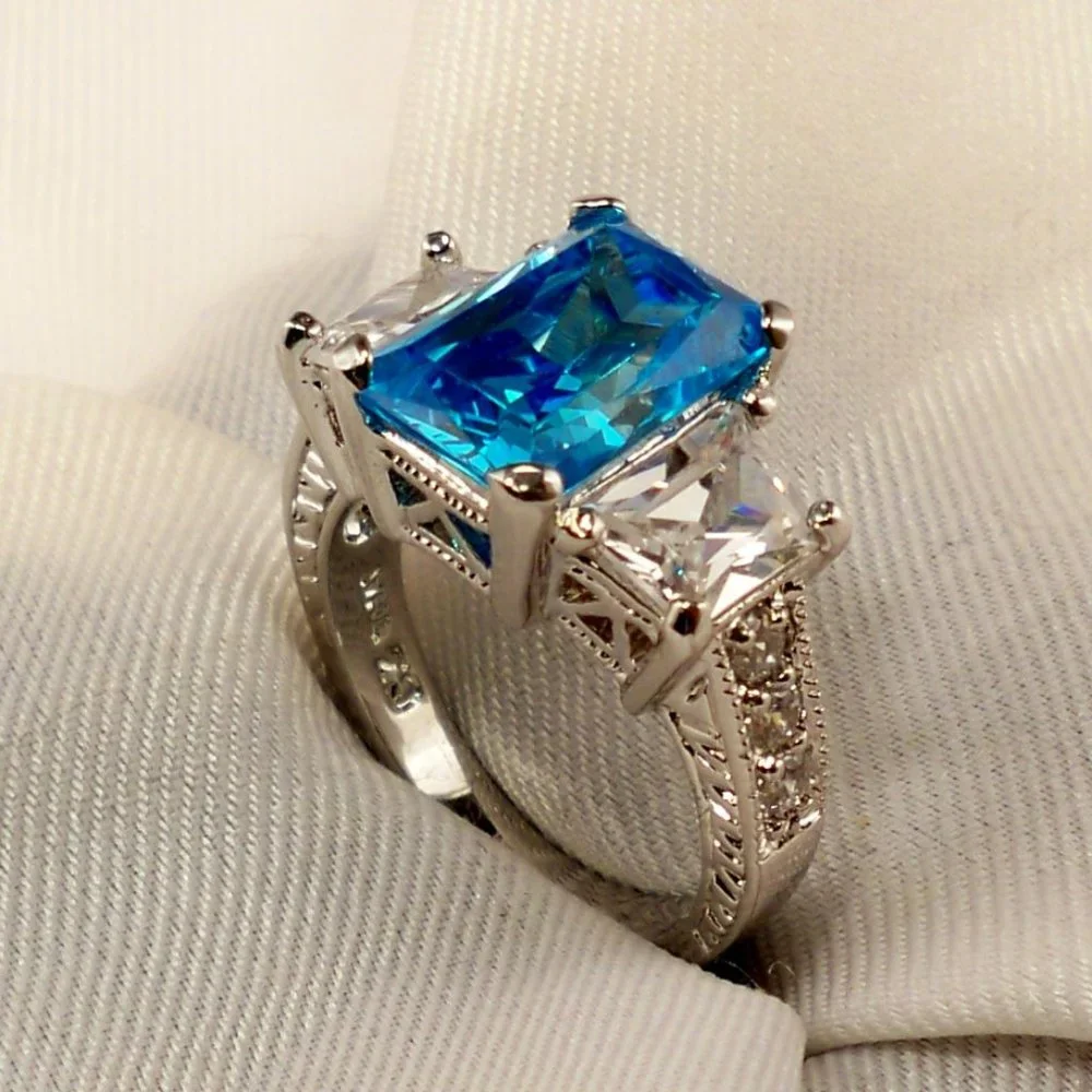 NEW Radiant Cut Blue Cubic Zirconias Silver DESIGNER Ring